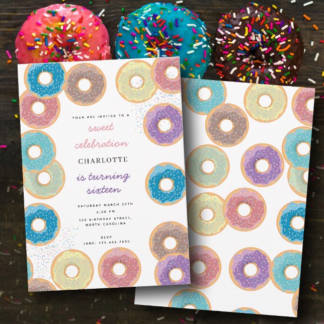 Invitación Coloridos Donuts Pastel y Rasplantes Niños Cumplea (Colorful Pastel Donuts & Sprinkles Kids Birthday Invitation)