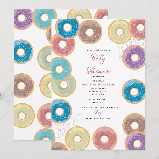 Invitación Coloridos Donuts Pastel y Sprinkles Baby Shower (Anverso / Reverso)