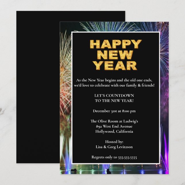 Invitación Coloridos fuegos artificiales Año Nuevo Fiesta (Anverso / Reverso)