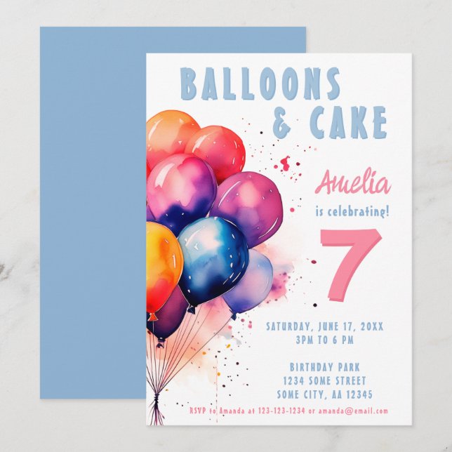 Invitación Coloridos globos acuarela niños fiesta de cumpleañ (Anverso / Reverso)