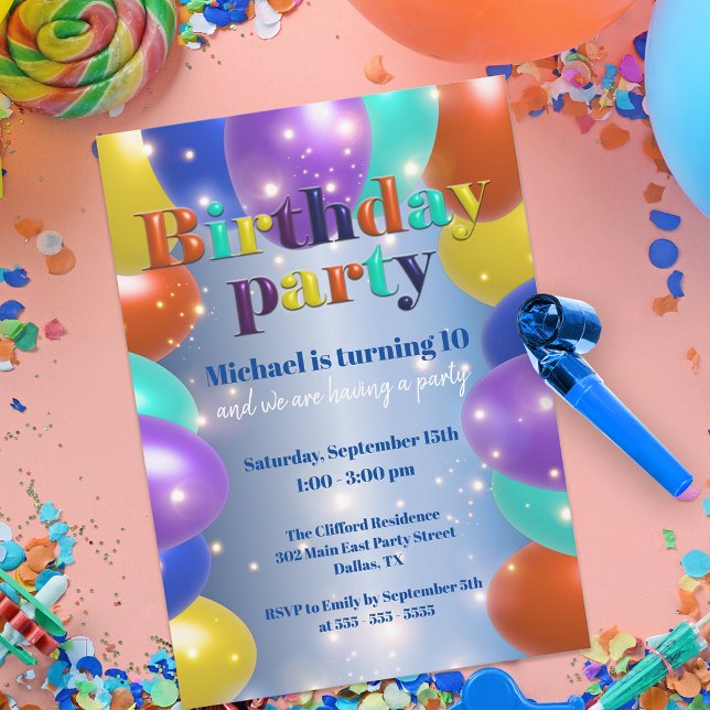 Invitación Coloridos globos brillantes fiesta de cumpleaños (Subido por el creador)