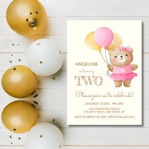 Invitación Coloridos globos Cute Oso Chica Segundo Cumpleaños
