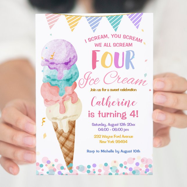 Invitación Coloridos Gritamos Cuatro Helados Cuarto Cumpleaño (Subido por el creador)