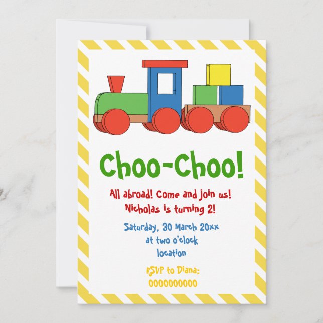 Invitación Coloridos niños del tren cumpleaños franjas amaril (Anverso)