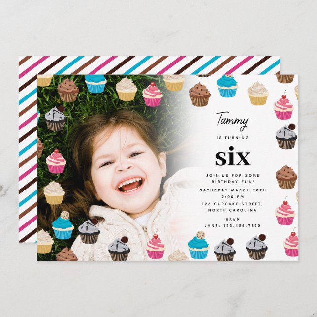 Invitación Coloridos pastelitos Cupcakes Niños Foto Fiesta de (Anverso / Reverso)