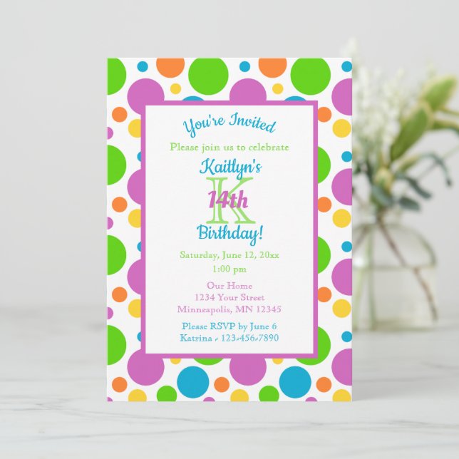 Invitación Coloridos puntos de polka | Fiesta de cumpleaños (Anverso de pie)