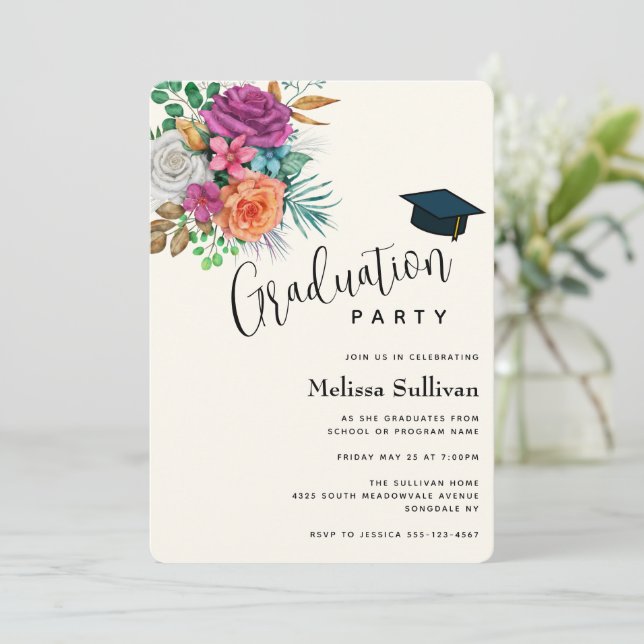 Invitación Coloridos Rosas Floral Bouquet Graduation Party (Anverso de pie)