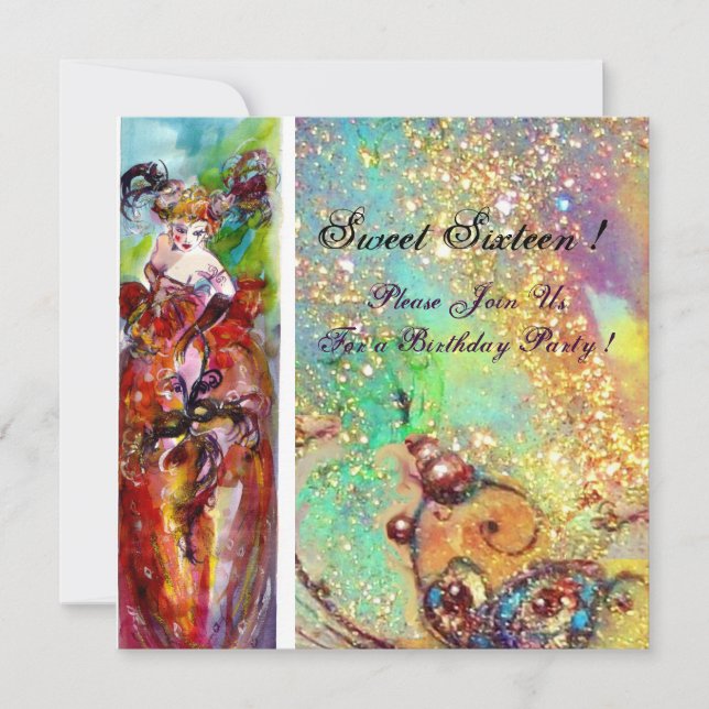 Invitación COLUMBINE, dulce dieciséis Fiesta de mascarada, az (Anverso)