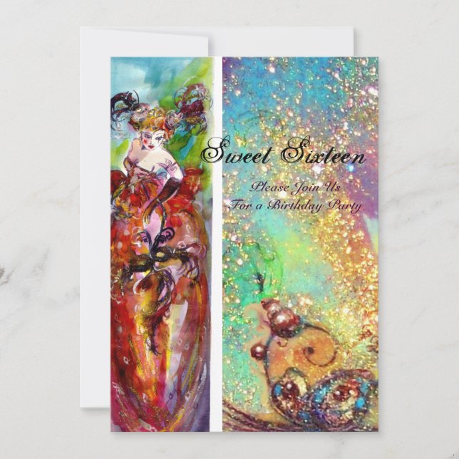 Invitación COLUMBINE Dulce Dieciséis Fiestas de Masquerade, o (Anverso)