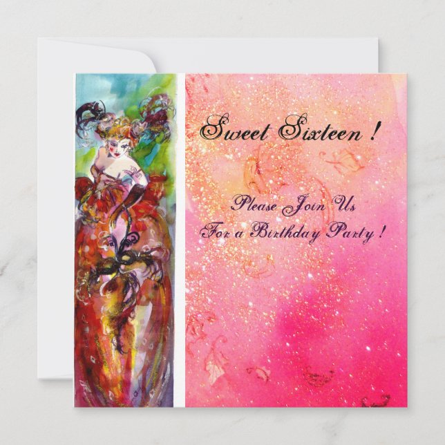 Invitación COLUMBINE, Fiesta de Mascarada Dulce, fucsia (Anverso)