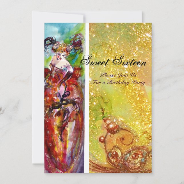 Invitación COLUMBINE, Mardi Gras, dulce Fiesta de 16 mascarad (Anverso)