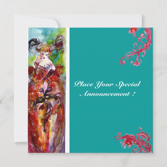 Invitación COLUMBINE, Mardi Gras, dulce Fiesta de 16 mascarad (Anverso)