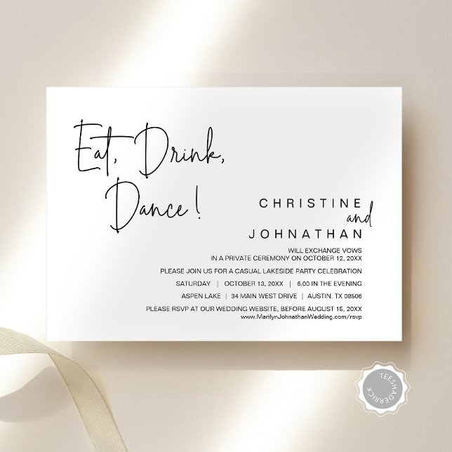 Invitación Coma, bebe, baila, Fiesta de Elopement Boda Casual (Eat, Drink, Dance, Casual Modern Wedding Elopement Party and Dinner Celebration Invitation Card)