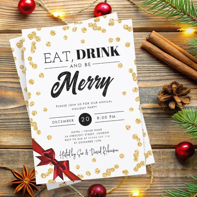 Invitación Coma, bebe, bebe, mora Purpurina de oro. (Eat, Drink Be Merry Gold Glitter Xmas Ribbon Invitation)