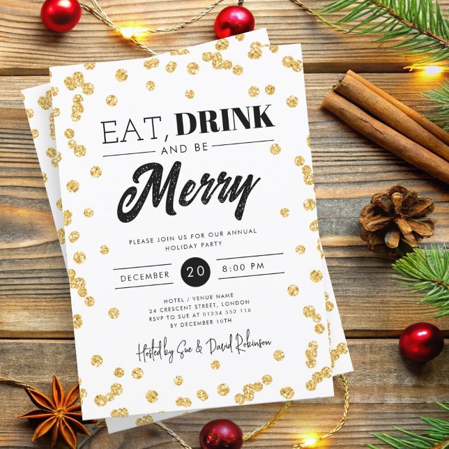 Invitación Coma, bebe, sé Purpurina de oro de moras navideñas (Eat, Drink Be Merry Gold Glitter Holiday Xmas Invitation)