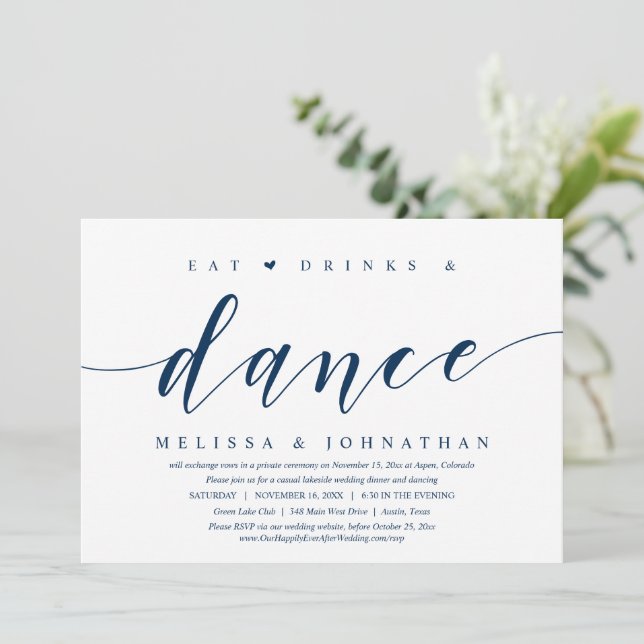 Invitación Coma, bebe y baila, Boda Elopement Fiesta Invi (Anverso de pie)