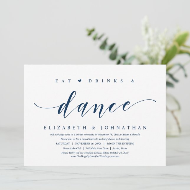 Invitación Coma, bebe y baila, Boda Elopement Fiesta Invi (Anverso de pie)