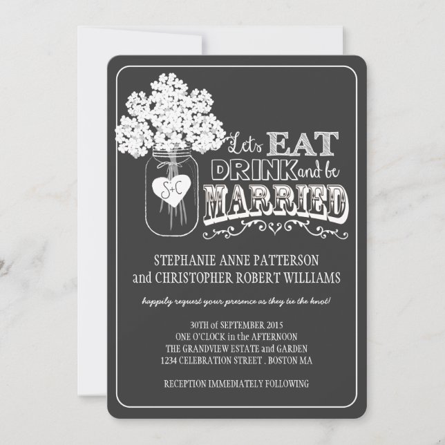 Invitación Coma, bebe y se casa con un Boda estilo Chalkboard (Anverso)