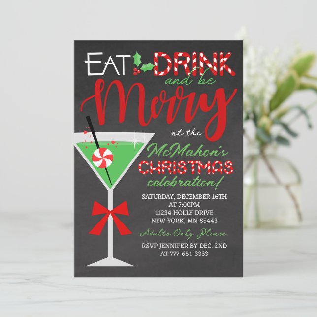 Invitación Coma, bebe y sé Fiesta de Navidades de pizarra de  (Anverso de pie)