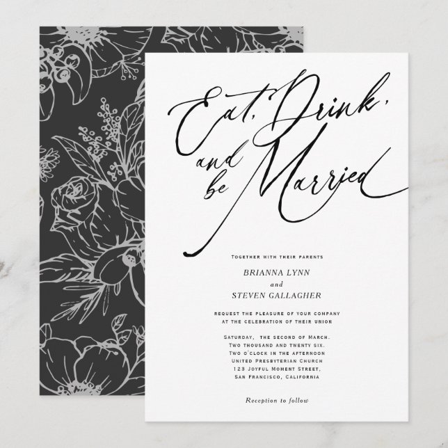 Invitación Coma bebida y esté casado boda de escritura modern (Anverso / Reverso)