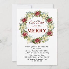 Invitación Coma bebidas y sé Fiesta de Navidades con flores d