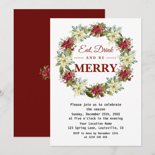 Invitación Coma bebidas y sé Fiesta de Navidades con flores d (Anverso / Reverso)