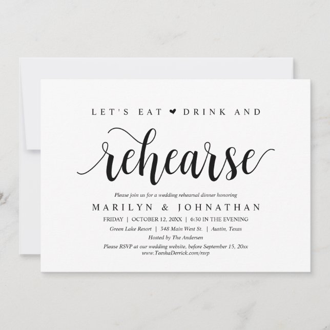 Invitación Comamos, bebamos y ensayamos, cena Boda (Anverso)