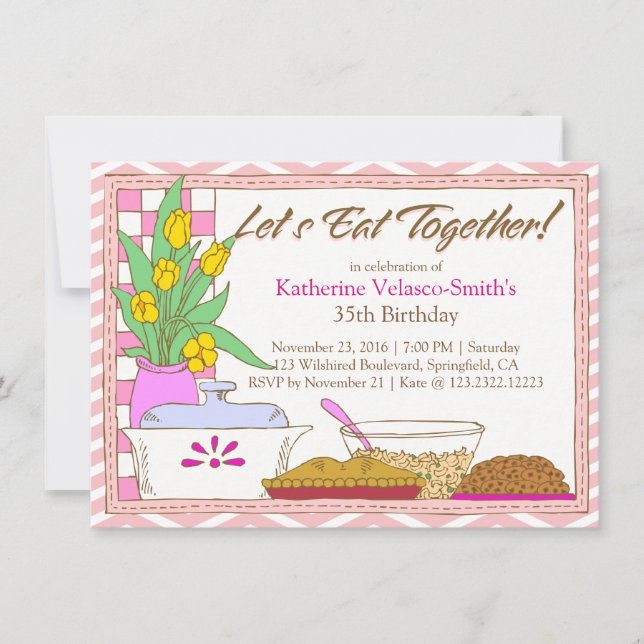 Invitación Comamos juntos cena o almuerzo Fiesta de cumpleaño (Anverso)