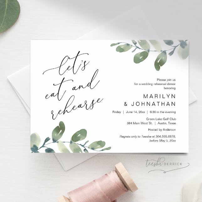 Invitación Comamos y ensayemos, cena de ensayo Boda (Let's Eat and Rehearse, Romantic Rehearsal Dinner Invitation Card, Greenery Eucalyptus. Downloadable)