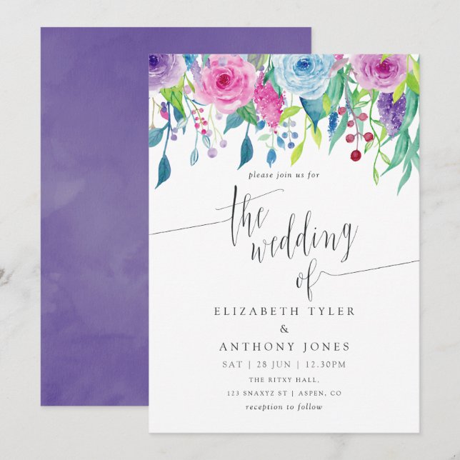Invitación Combinación de color Violeta Ultra Acuarela Floral (Anverso / Reverso)