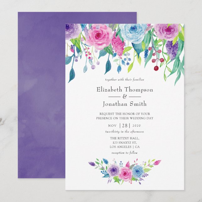 Invitación Combinación de color Violeta Ultra Bodas Florales  (Anverso / Reverso)