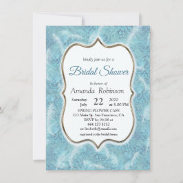 Invitación Combinar patrón azul, plumas y marco dorado