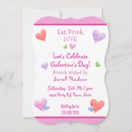 Invitación COME BEBE AMA Galentines Diversión Acuarela Corazo