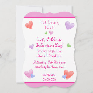 Invitación COME BEBE AMA Galentines Diversión Acuarela Corazo