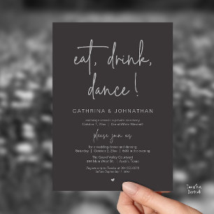 Invitación Come, Bebe, Baila, Elopamiento Elegante de Gris Ca