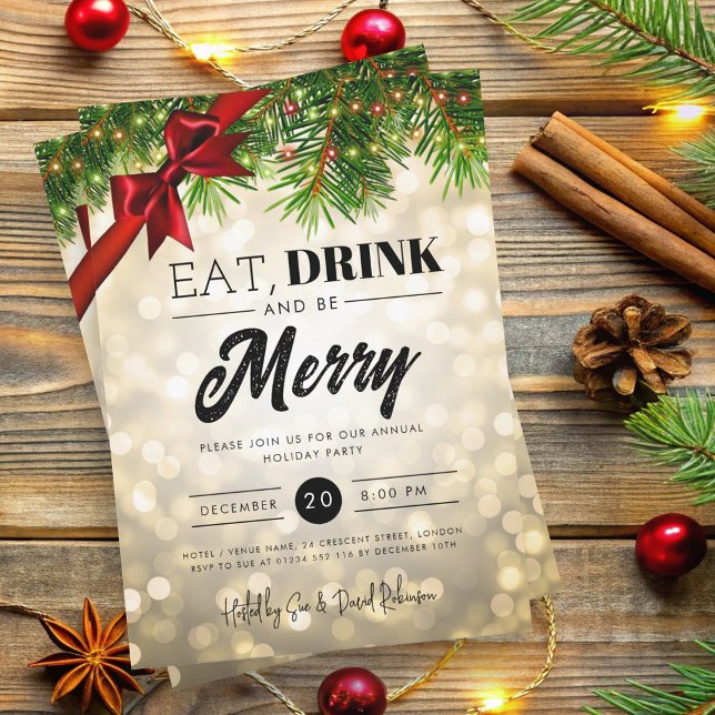 Invitación Come, Bebe Be Merry Gold Pine Luces navideñas (Eat, Drink Be Merry Gold Pine Lights Holiday Xmas Invitation)
