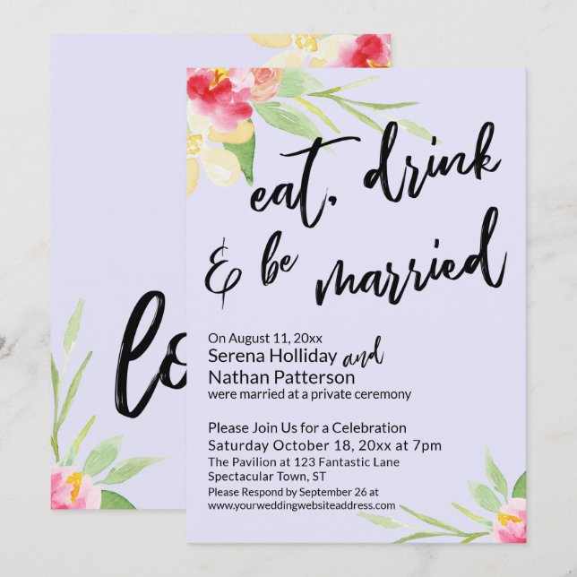 Invitación Come, Bebe & Cásate Flores Pintadas Lavanda (Anverso / Reverso)