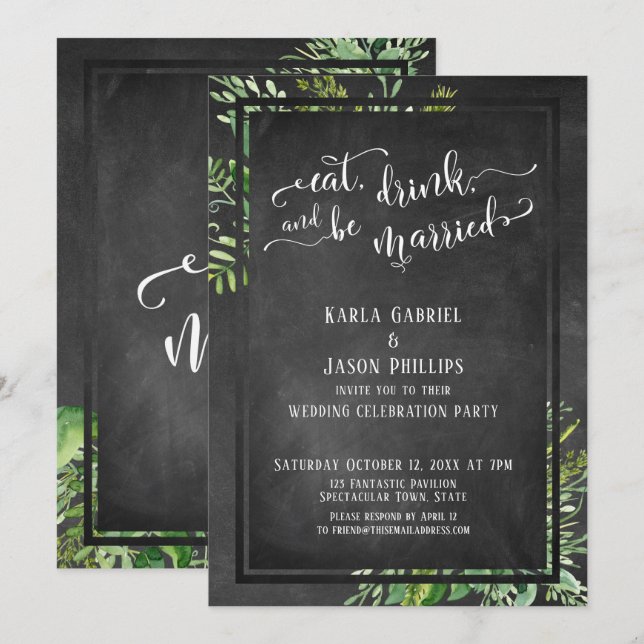 Invitación Come, Bebe & Cásate Vegetación y Pizarra (Anverso / Reverso)