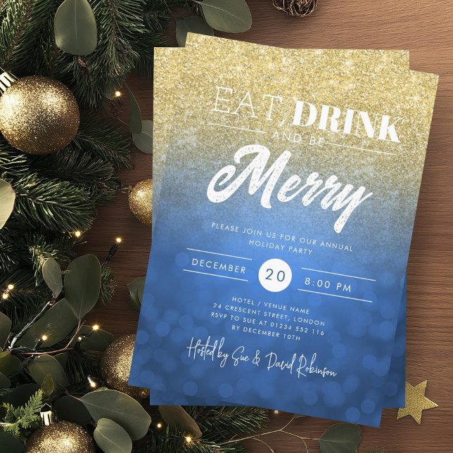 Invitación Come, bebe sé merry Bokeh navidad (Eat, Drink Be Merry Gold Navy Bokeh Holiday Xmas Invitation)