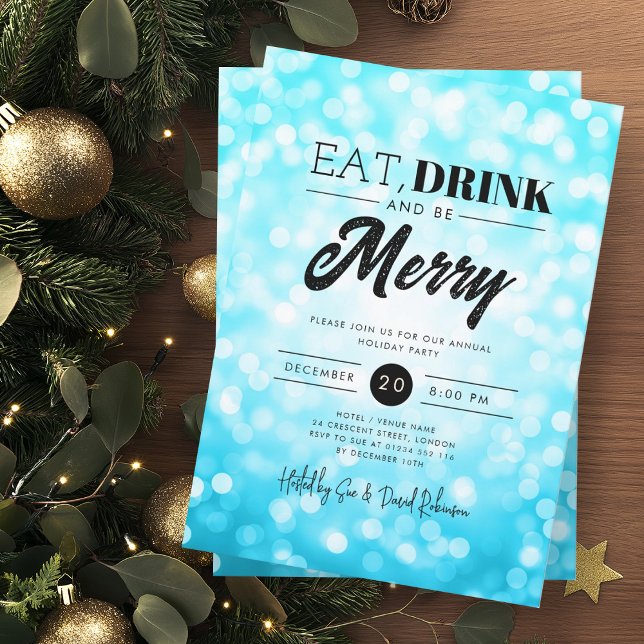Invitación Come, bebe sé merry Turquoise Bokeh navidad (Subido por el creador)