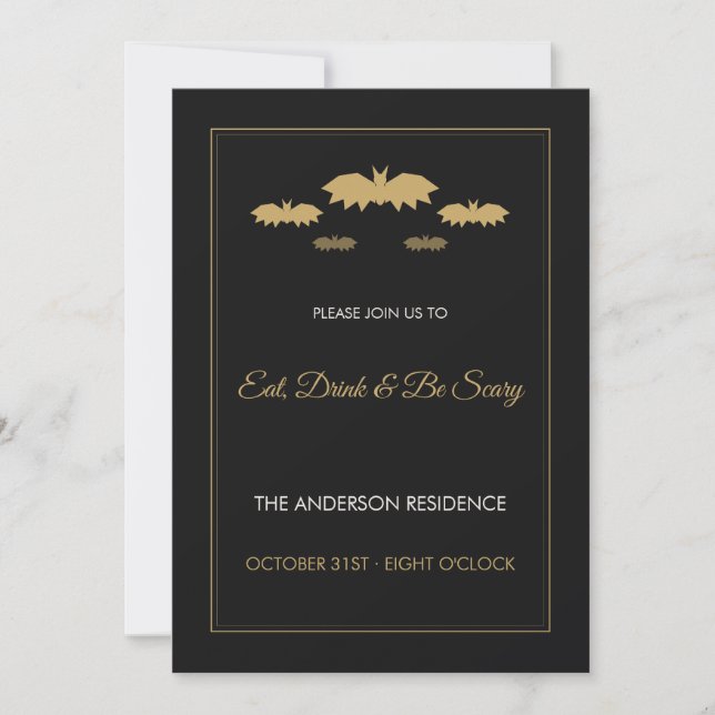 Invitación Come, Bebe & Sé Miedo Murciélagos de Oro Halloween (Anverso)
