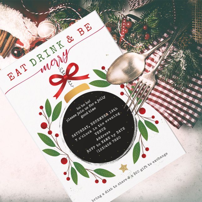 Invitación Come, Bebe y Alégrate Fiesta de Navidad Potluck (Modern Eat Drink and Be Merry Christmas Bauble Potluck Invitation Church Family Office Xmas Parties)