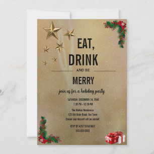 Invitación Come, Bebe y Alégrate Navidad Dorado Brillo