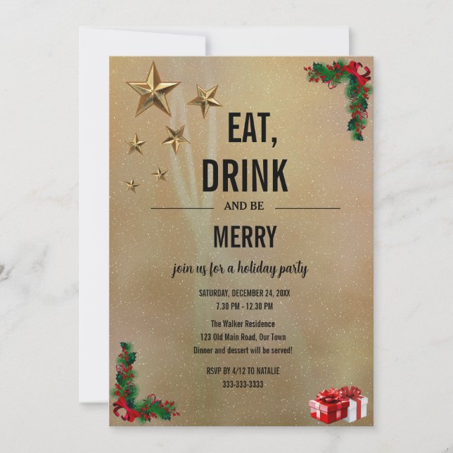Invitación Come, Bebe y Alégrate Navidad Dorado Brillo  (Anverso)