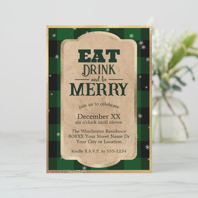 Invitación Come, Bebe y Alégrate Plaid Verde Navidad (Anverso de pie)