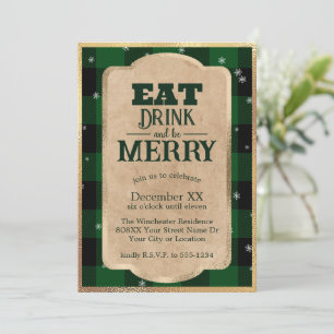 Invitación Come, Bebe y Alégrate Plaid Verde Navidad