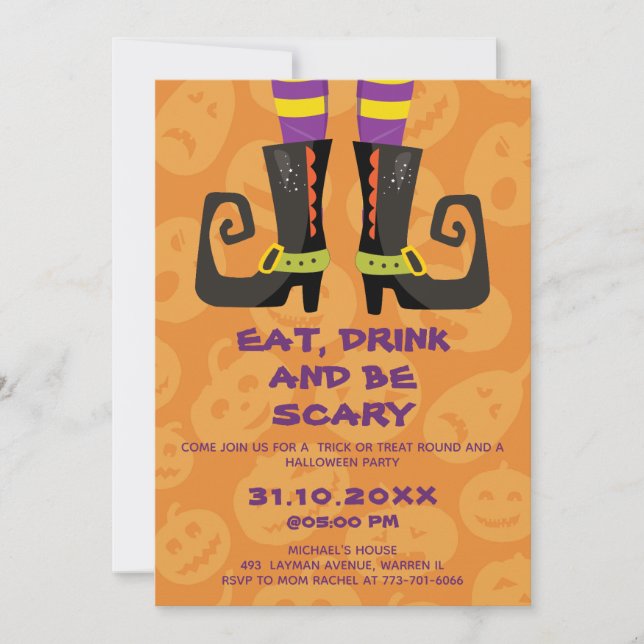 Invitación Come, Bebe y sé Espantoso Fiesta de Halloween (Anverso)