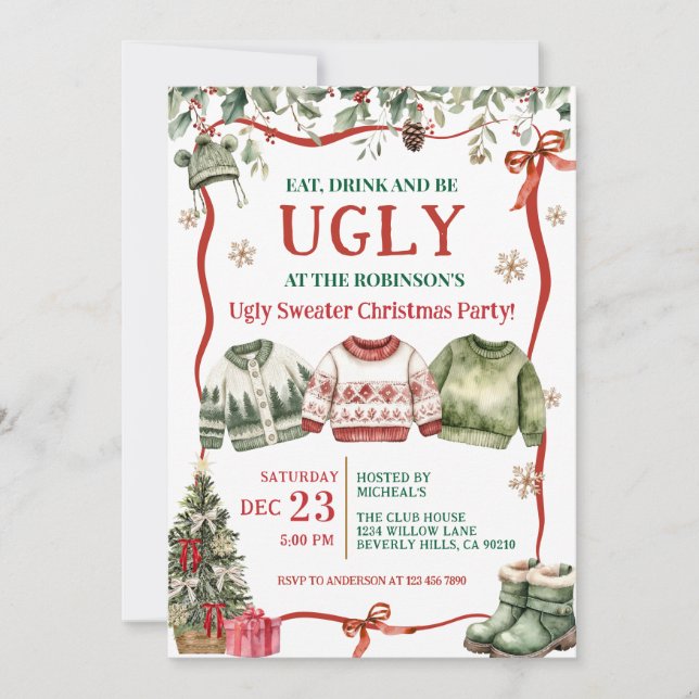 Invitación Come, Bebe y Sé Feo Suéter Fiesta de Navidad (Anverso)