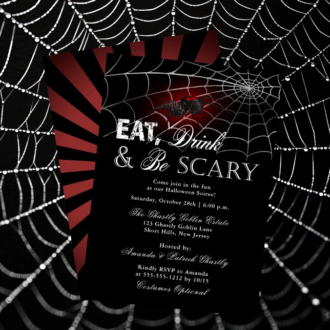 Invitación Come bebida y sé araña asusta fiesta de Halloween ("Eat Drink and Be Scary" Spider and Web Halloween Soiree Invitation )
