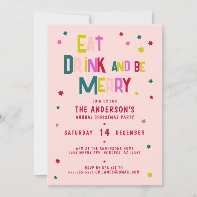 Invitación COME BEBIDAS Y SEA FERIZ Personalizado Rubor Pink (Anverso)